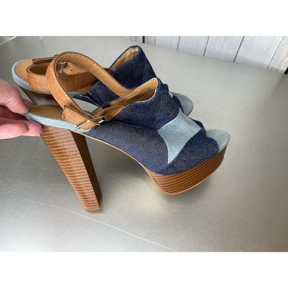 Call It Spring Blue Denim Open Toe Ankle Strap Patchwork Platform Size 9 - Picture 3 of 6